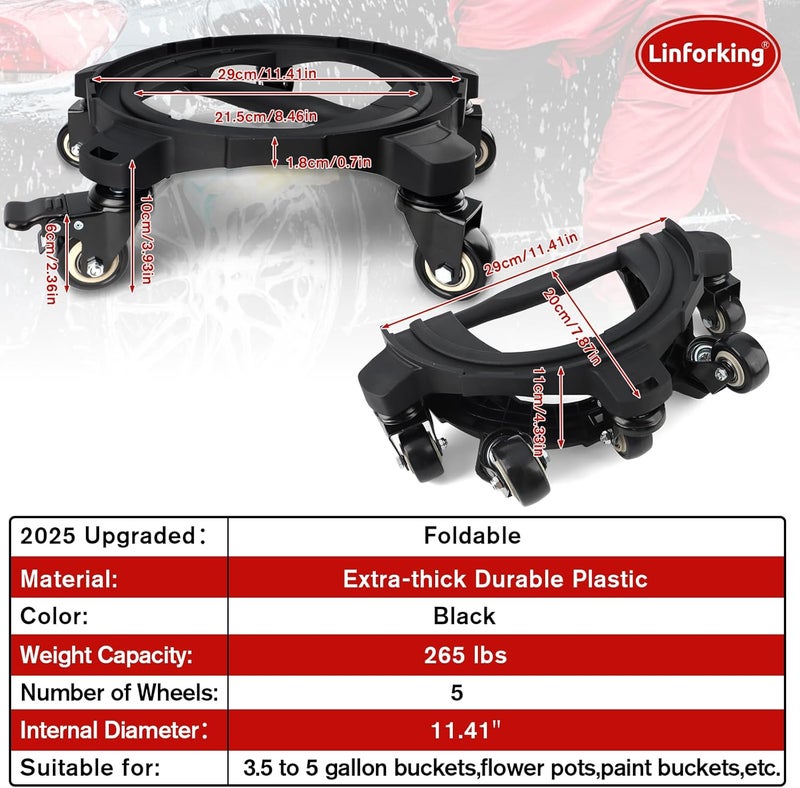 Linforking 2025 Upgraded Foldable Car Wash Bucket Dolly 5 Gallon with Wheels,360°Rolling Car Wash Buckets Dolly for Washing, Waxing, Removable Bucket Mover,Fits 3.5–5 Gallon Buckets,Supports Up to 265 lbs - Image 2